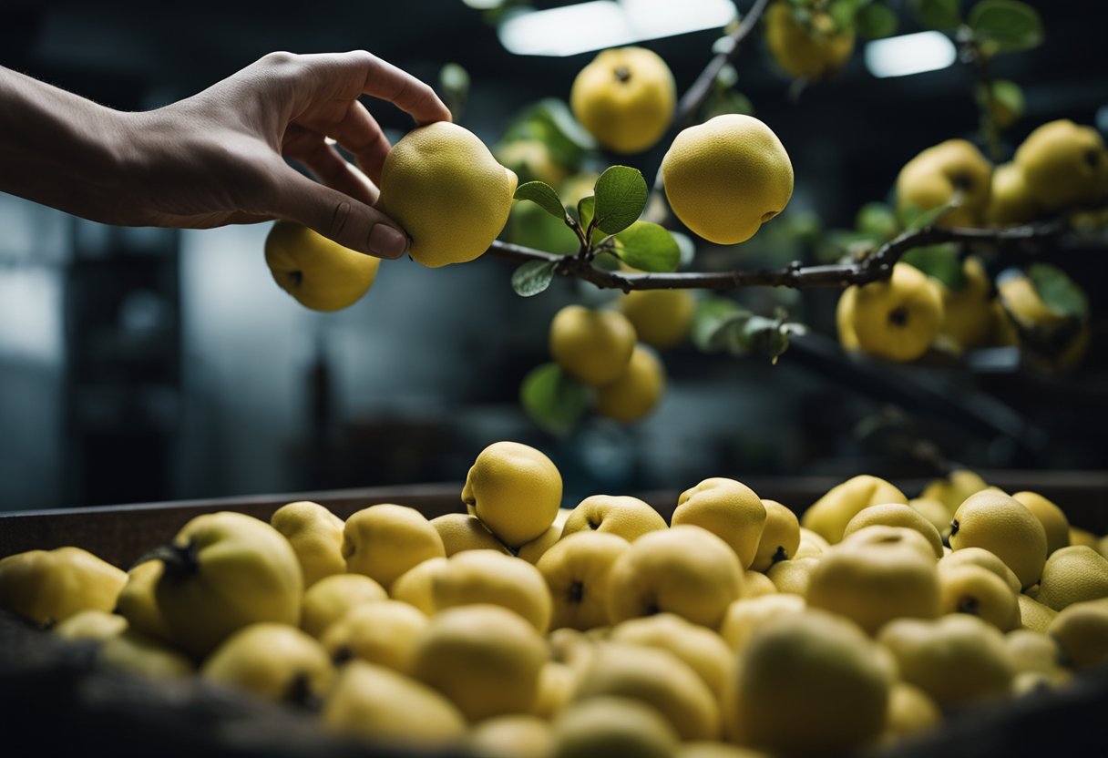 A hand reaching for a ripe Chinese quince, while others are carefully stored in a cool, dark place. Recipes for Chinese quince are scattered around the kitchen