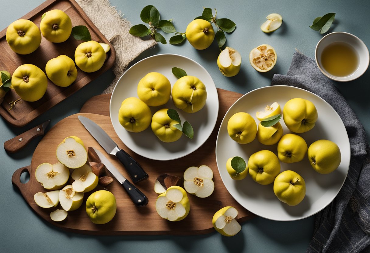 A table set with fresh Chinese quinces, a cutting board, knife, and various ingredients for making Chinese quince recipes
