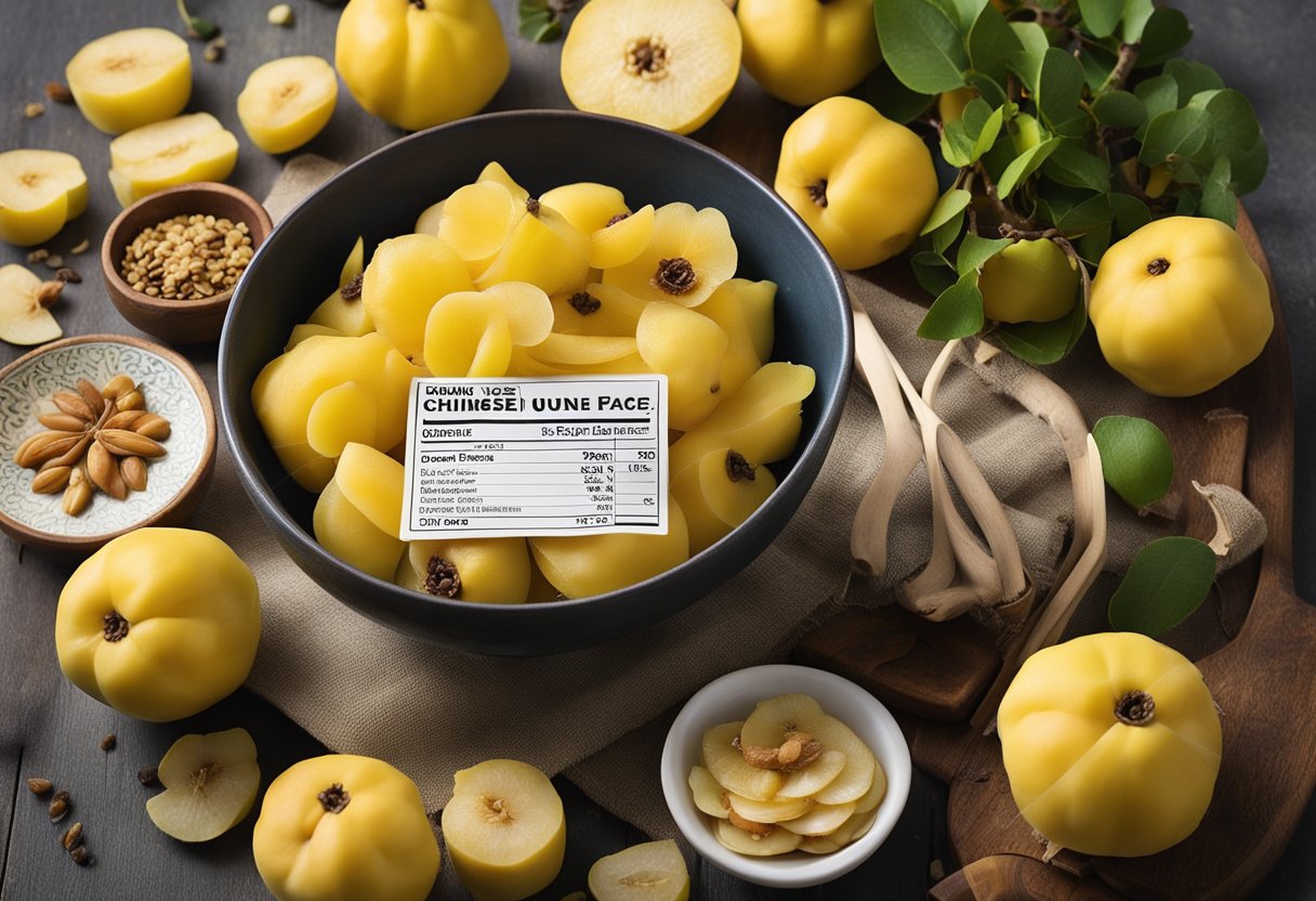 A bowl of sliced Chinese quince surrounded by fresh ingredients and a nutritional information label