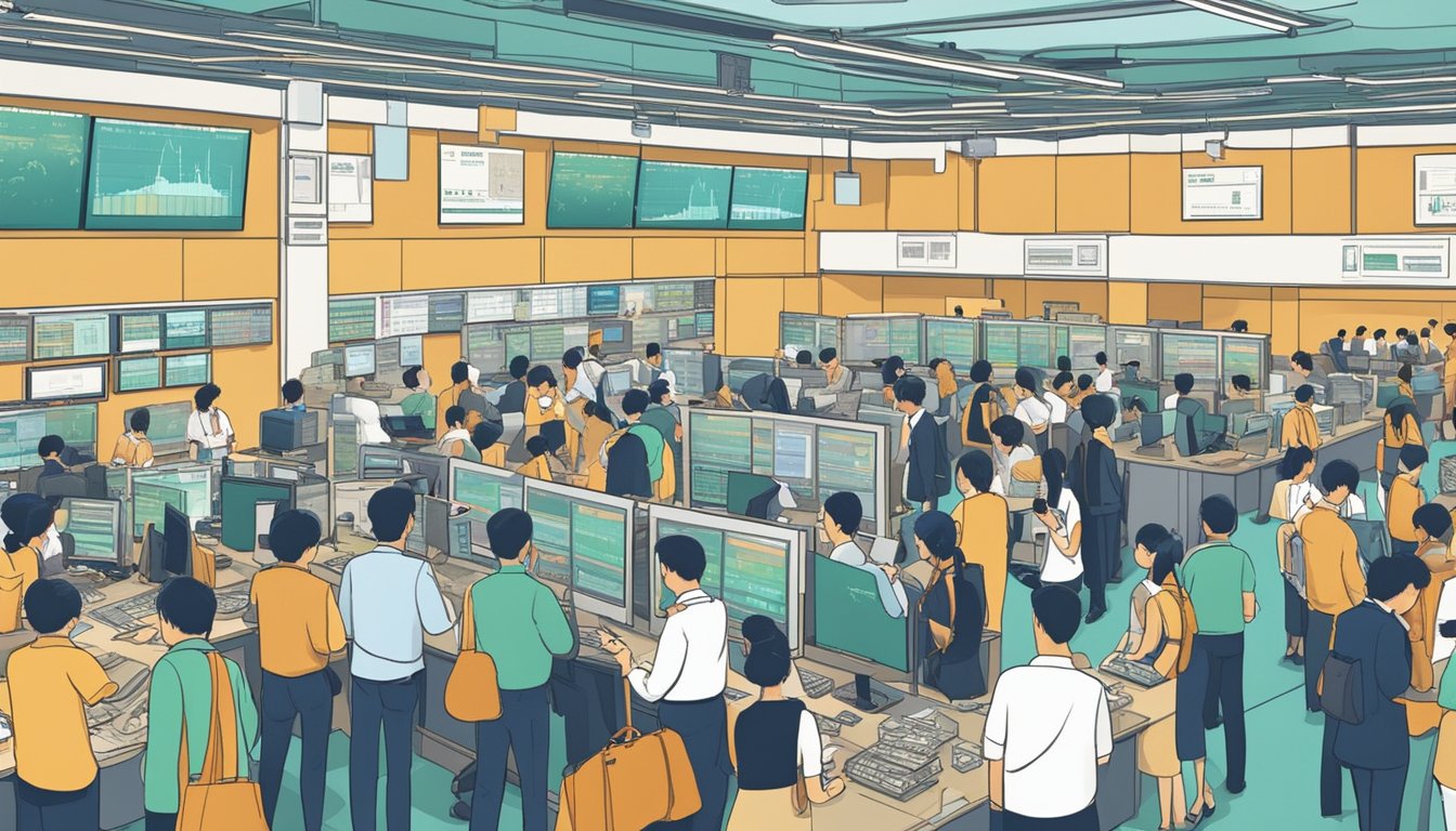 Investors purchasing shares in Singapore's stock market. The scene shows a bustling trading floor with people exchanging money for ownership in various companies