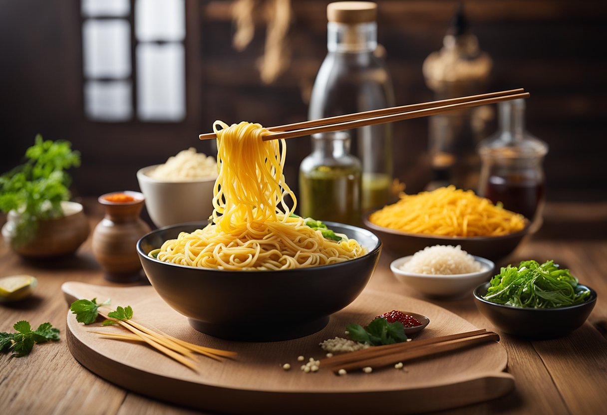 A bowl of yellow Chinese noodles sits on a wooden table, surrounded by various bottles of sauces and seasoning