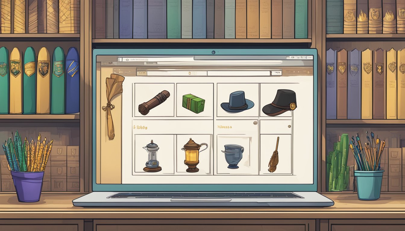 A computer screen displaying an online store with a selection of Harry Potter wands for sale. A cursor hovers over the "Add to Cart" button