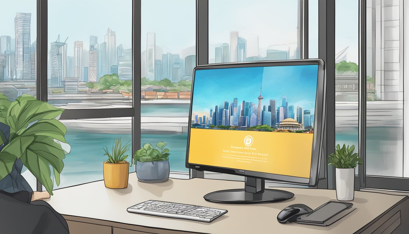 A hand clicks "add to cart" on a stand fan website. A Singapore skyline is visible through the window in the background