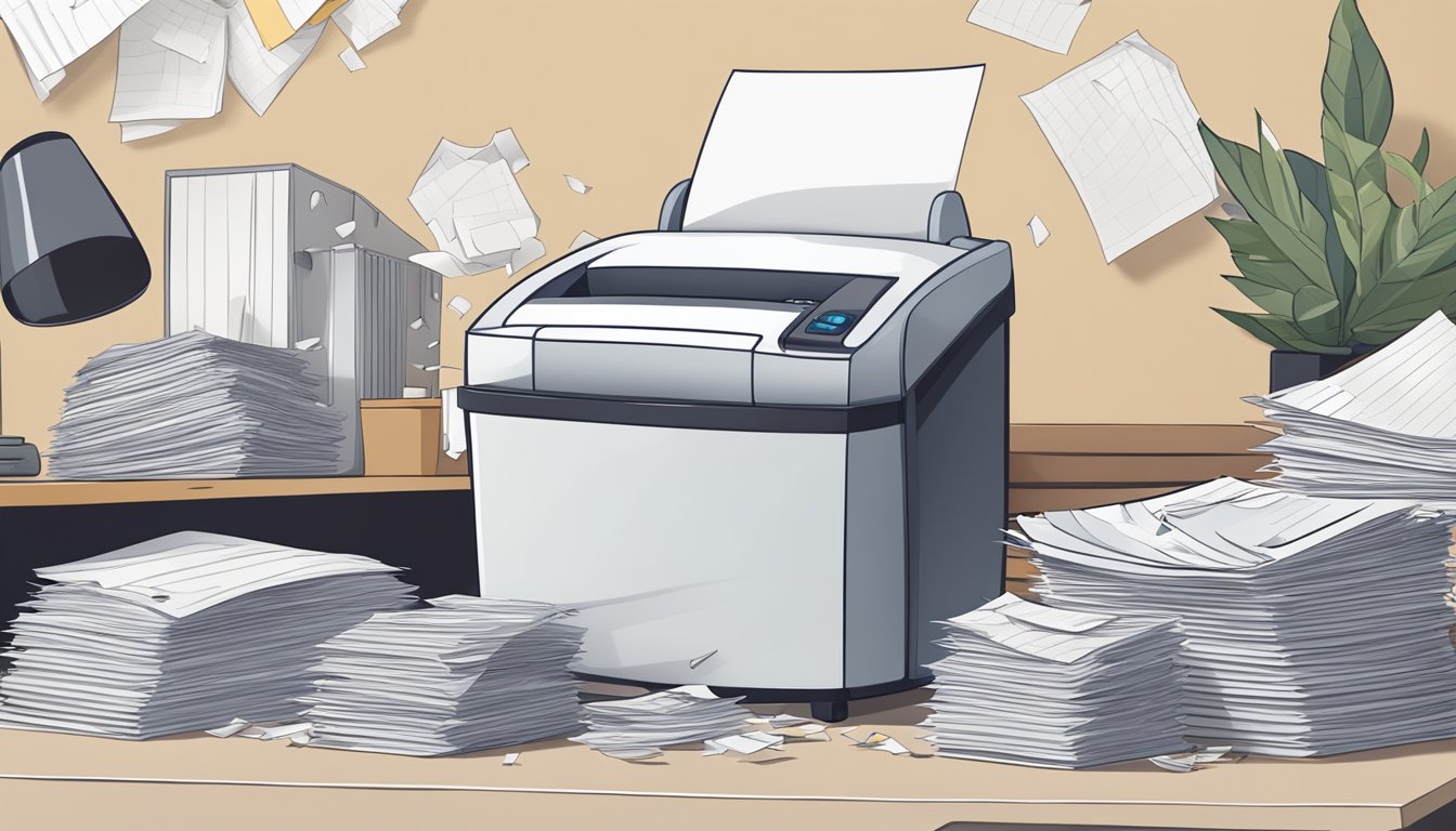 A paper shredder sits on a desk, surrounded by piles of paper. Its blades are in motion, cutting through the sheets with ease