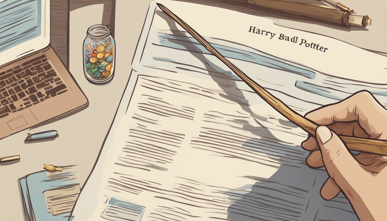 A hand reaches for a wand displayed on a website. Text reads "Frequently Asked Questions: Harry Potter Wand Buy Online."
