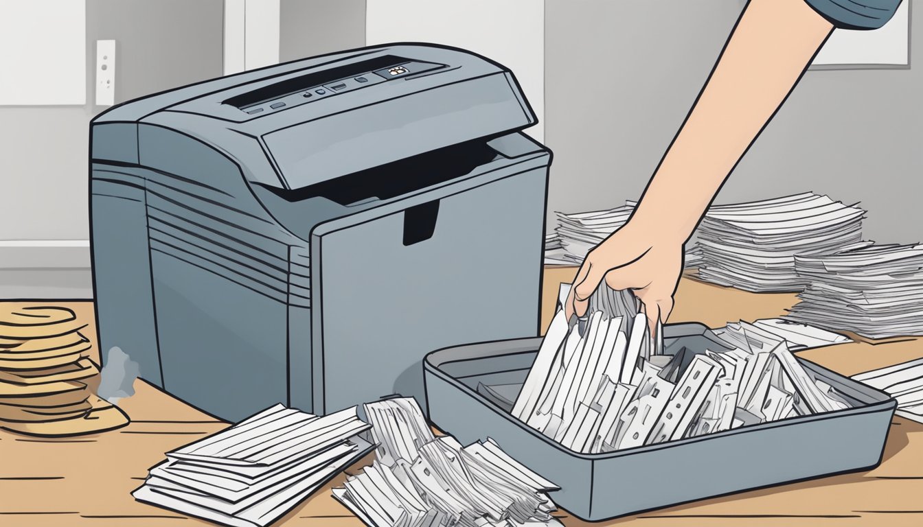 A paper shredder sits on a desk, surrounded by stacks of paper. A hand reaches out to test the shredder's capabilities. A label reads "best buy."