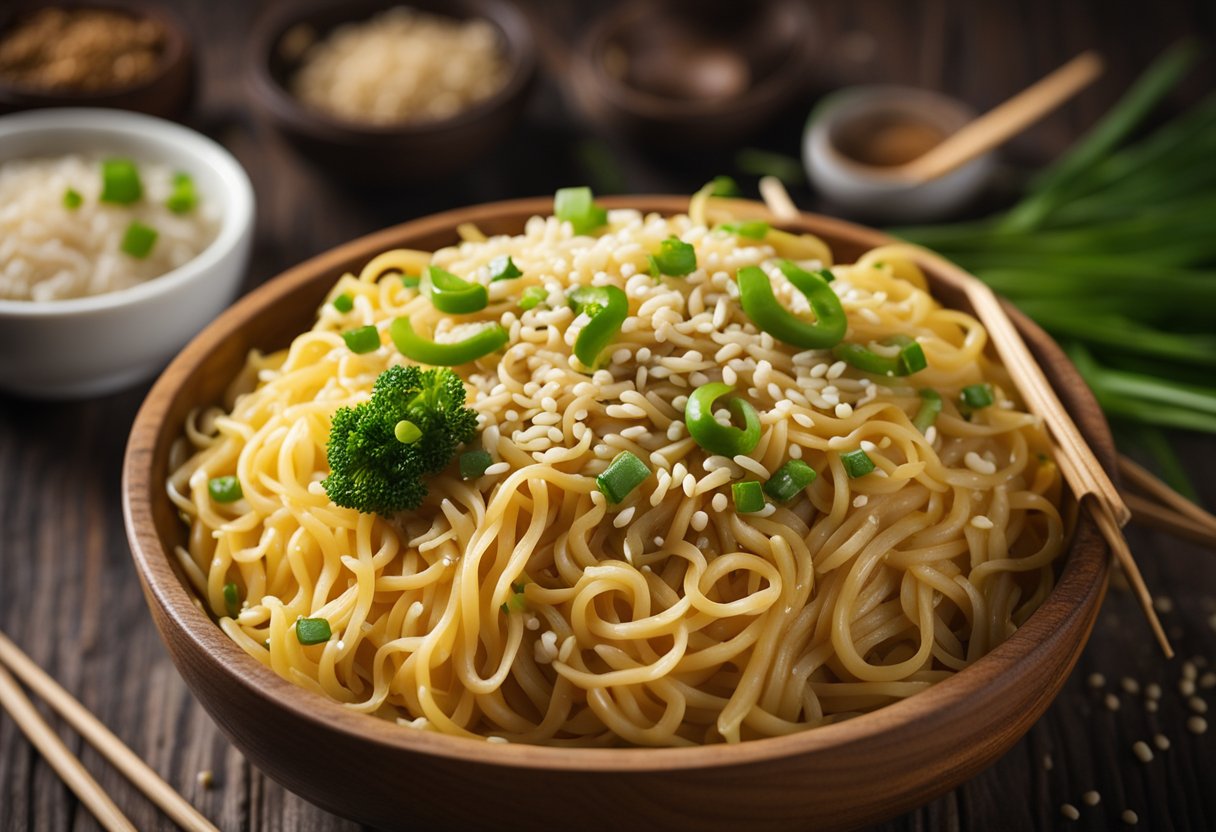 A steaming bowl of yellow Chinese noodles garnished with green onions and sesame seeds is placed on a wooden table