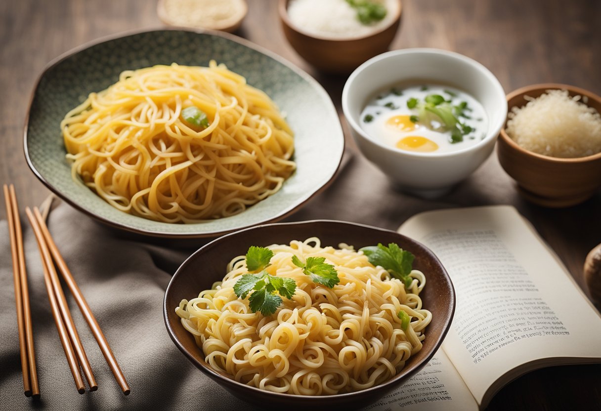 A steaming bowl of yellow Chinese noodles with chopsticks resting on the side, surrounded by various ingredients and a recipe book open to the "Frequently Asked Questions" section