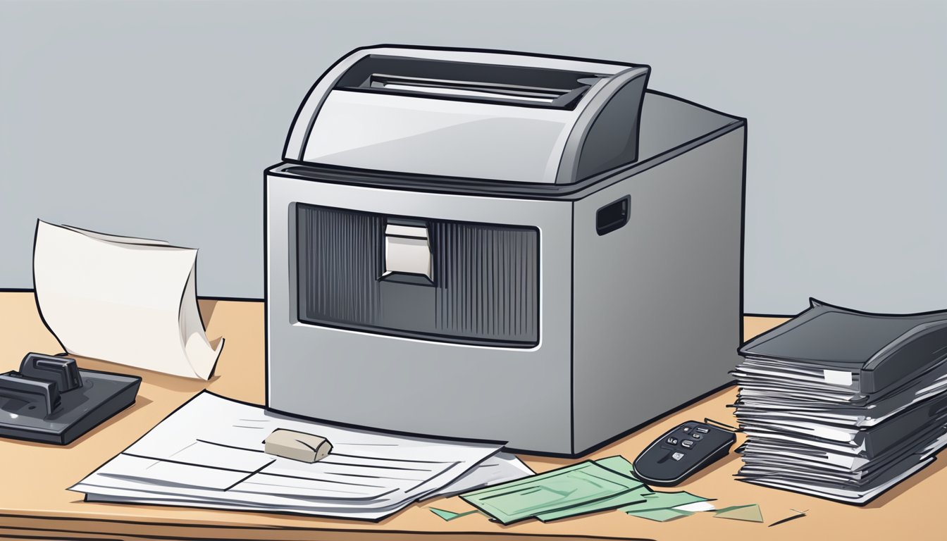 A paper shredder sits on a sturdy desk, surrounded by a stack of papers. A lock secures the shredder's bin, and a security camera overlooks the area