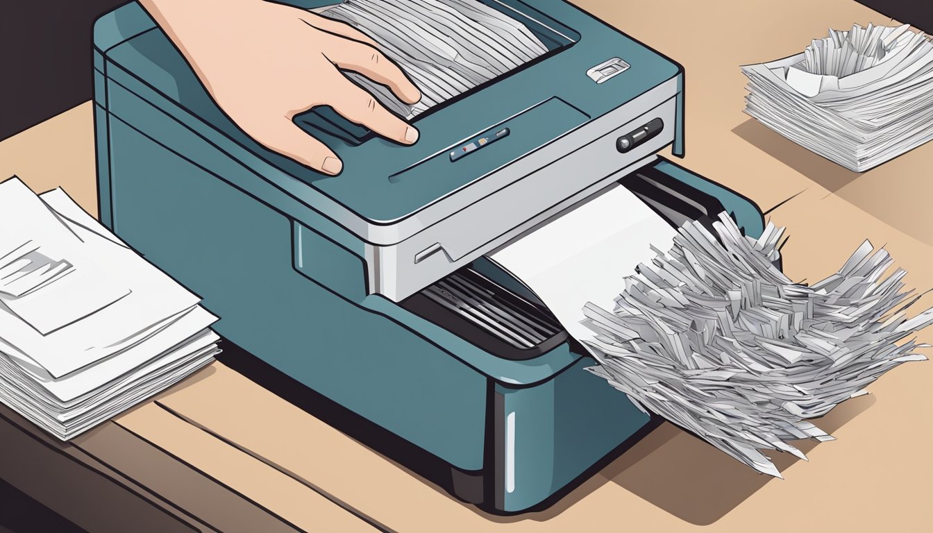 A paper shredder sits on a desk, surrounded by a stack of paper. A hand reaches out to feed a sheet into the machine
