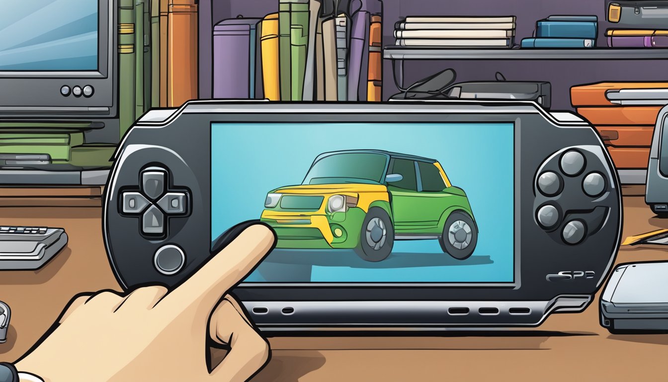 A hand reaches out to click "Add to Cart" on a PSP gaming console displayed on a computer screen. Various PSP models and accessories are scattered around the desk