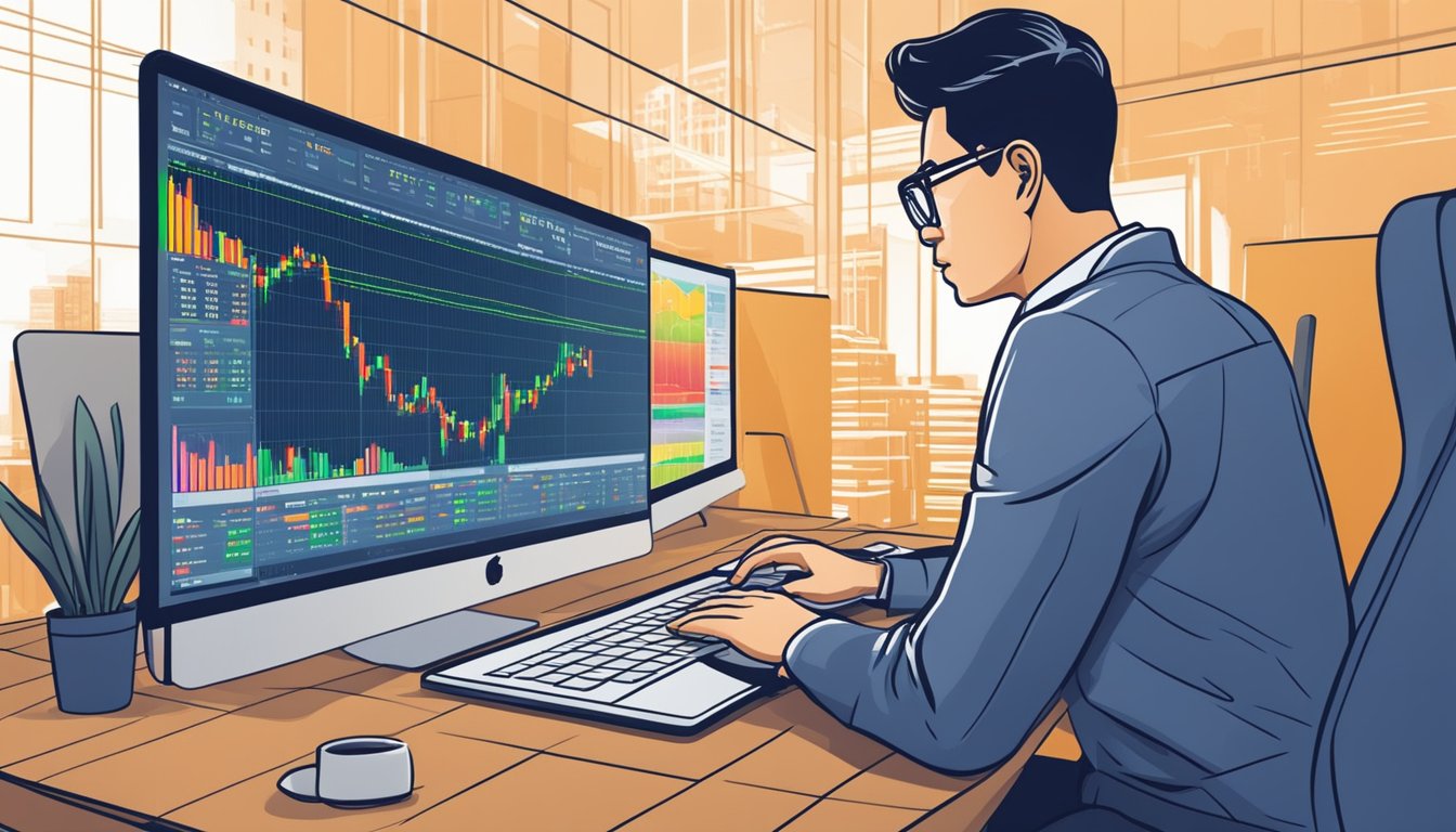 A Singaporean investor researching China ETFs, using a laptop to buy shares online. The screen displays stock charts and investment options