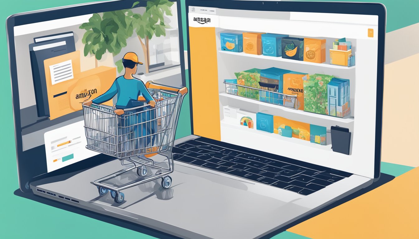 A person in Singapore browsing Amazon on a laptop, with the iconic Amazon logo and a shopping cart visible on the screen