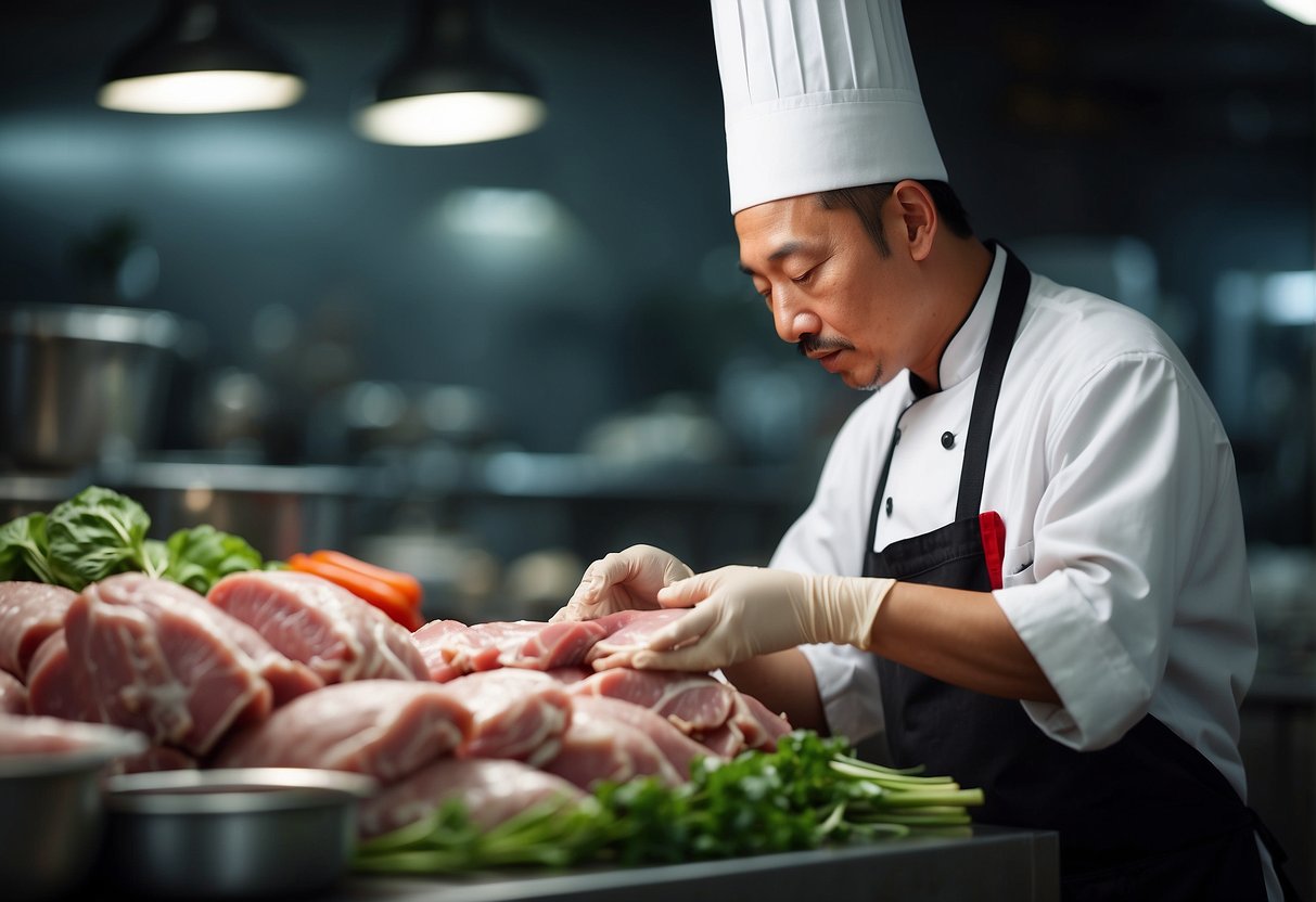 A chef carefully selects fresh rabbit meat for a Chinese recipe