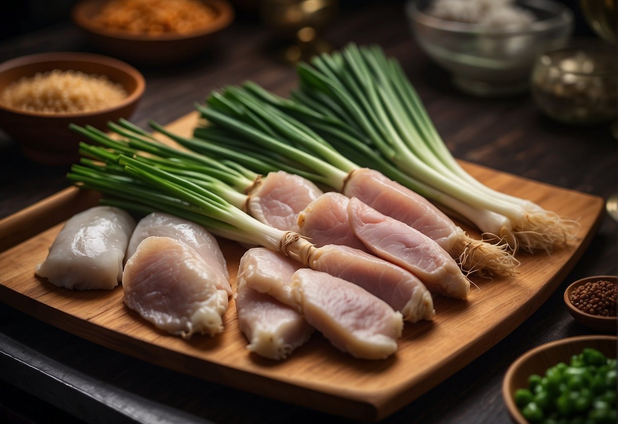 A table displays fresh rabbit meat, ginger, garlic, soy sauce, and green onions for Chinese rabbit dishes
