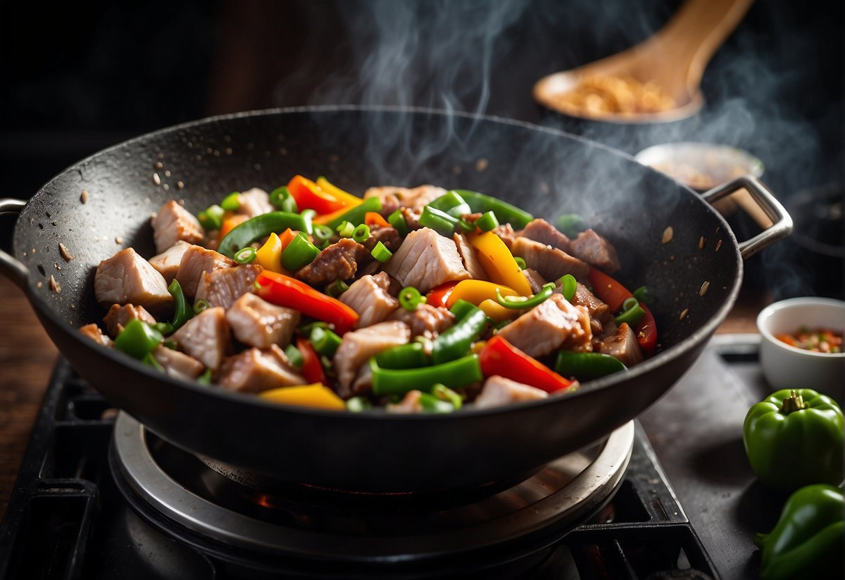A wok sizzling with diced rabbit meat, stir-fried with ginger, garlic, and soy sauce. Green onions and bell peppers add color to the dish