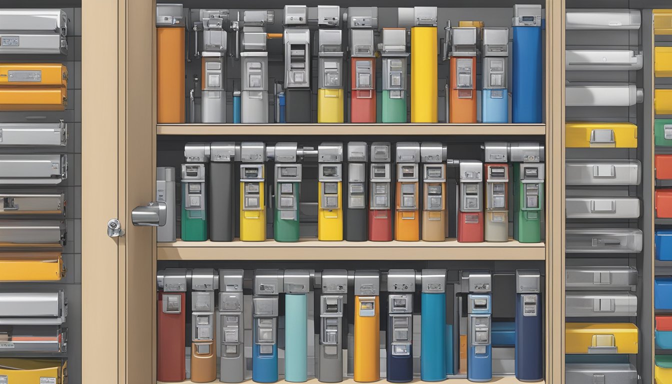 A hardware store shelf displays various dorma door closers in Singapore