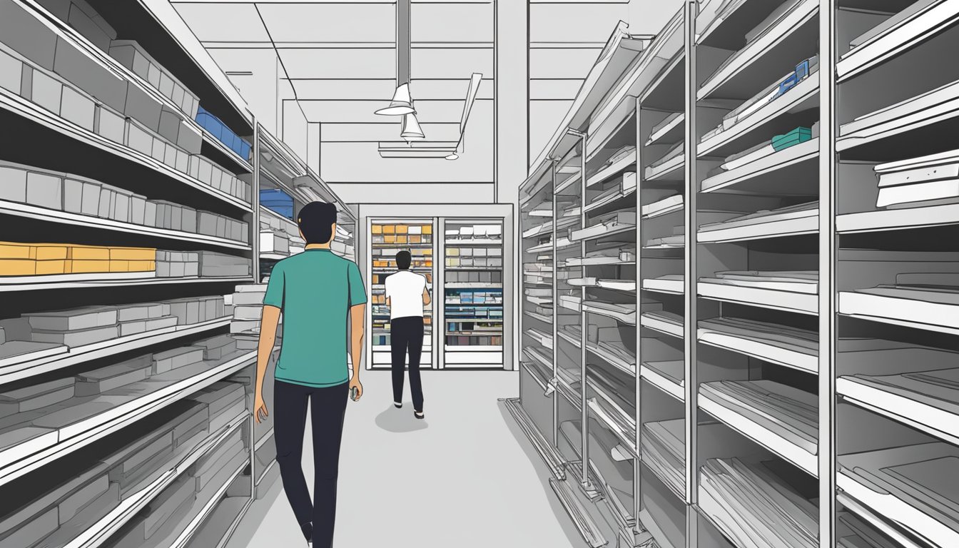 A person walks through a hardware store in Singapore, examining various Dorma door closers on display. The shelves are neatly organized with different models and options available for purchase