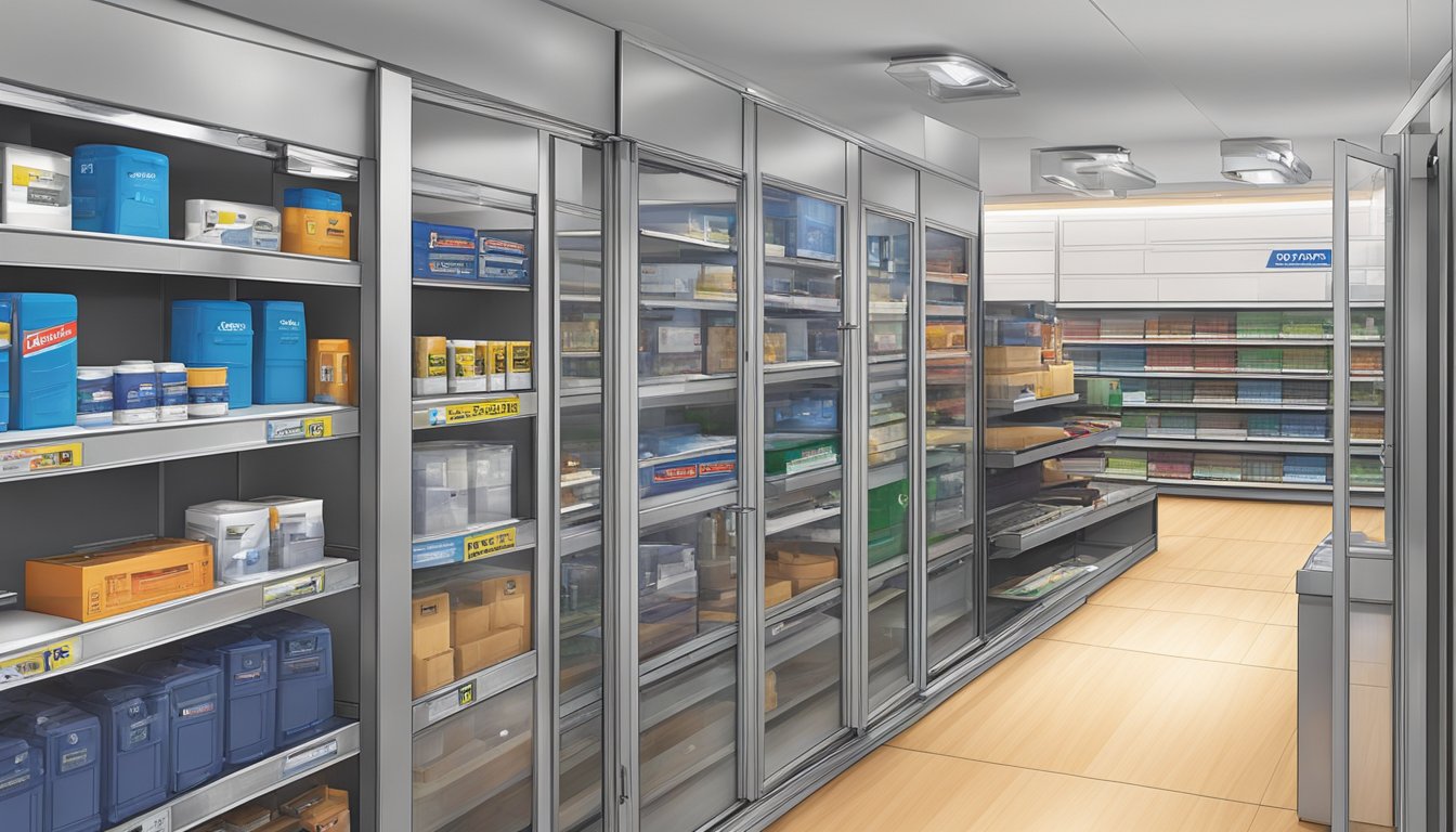 A hardware store shelves display Dorma door closers in Singapore