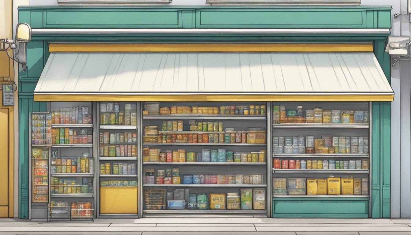 A hardware store with shelves of door closers, a sign "Dorma" in Singapore