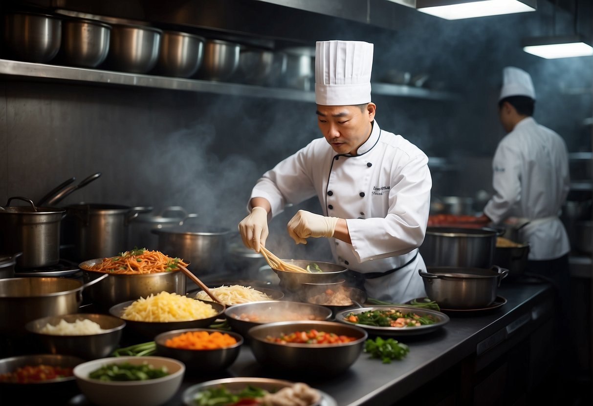 A chef preparing Sichuan rabbit dish with traditional ingredients and spices in a bustling Chinese kitchen