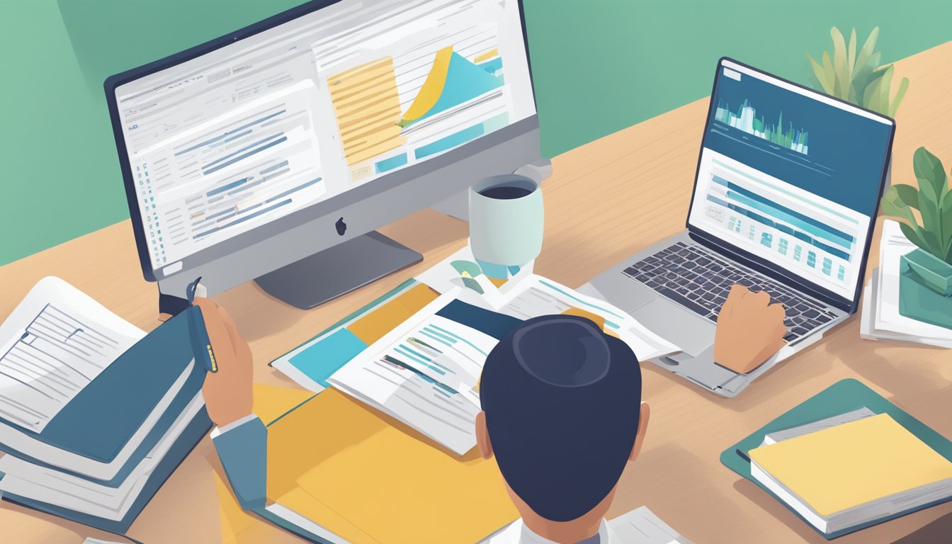 A person researching fund investment in Singapore, reading a guide on how to buy funds, with a laptop and financial documents on a desk