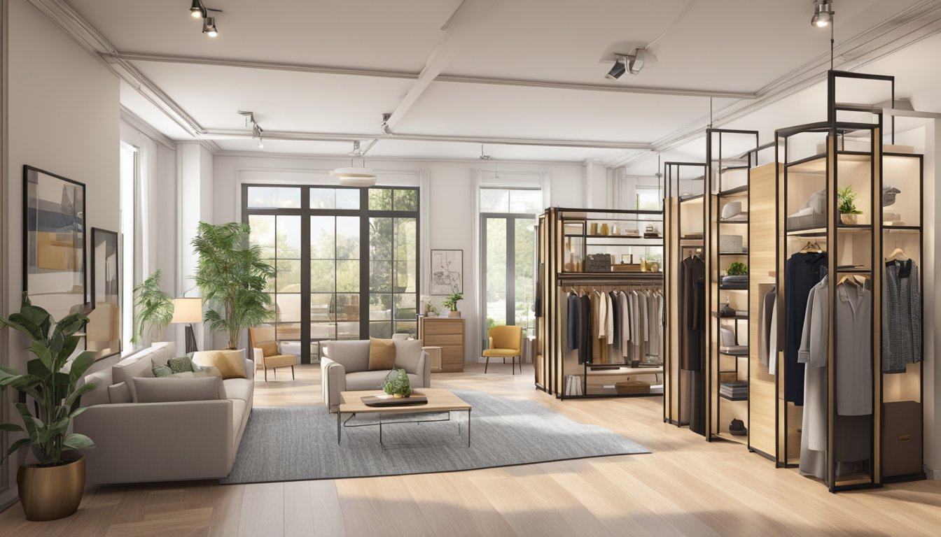 A spacious showroom with various room dividers displayed in modern and traditional styles, showcasing different materials and designs. Bright lighting and clean, organized shelves create an inviting atmosphere for customers to explore and select their ideal room divider