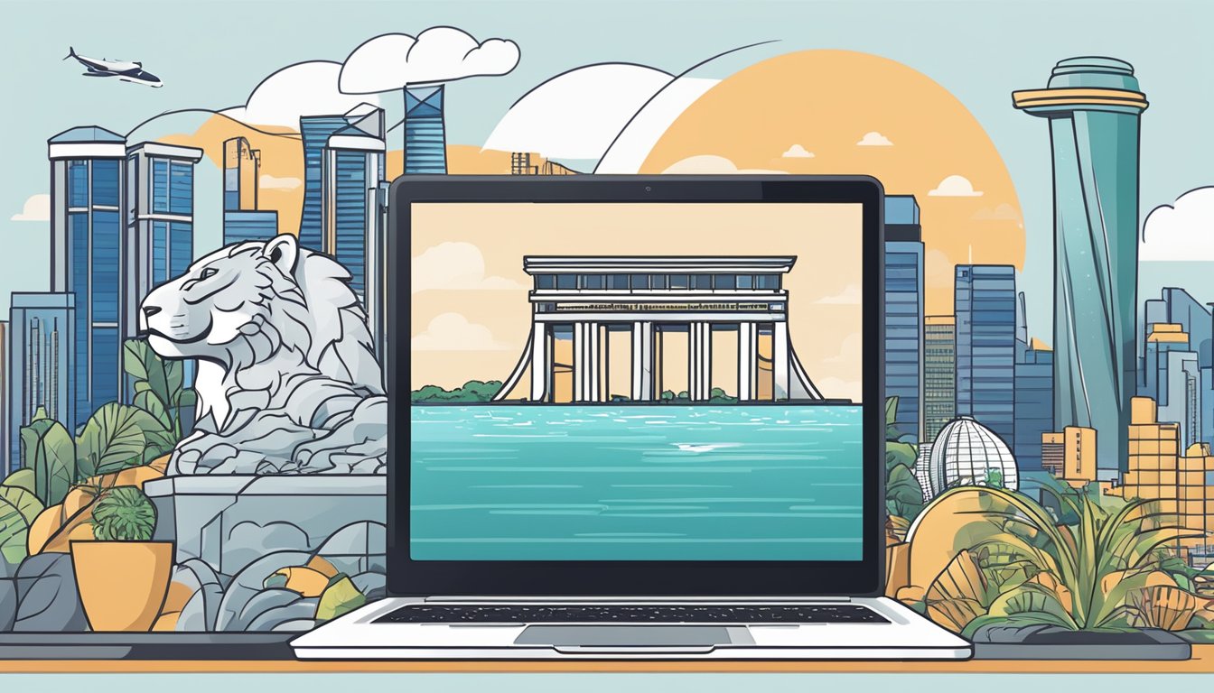 A laptop with an Amazon logo on the screen, surrounded by Singaporean landmarks like the Marina Bay Sands and the Merlion statue