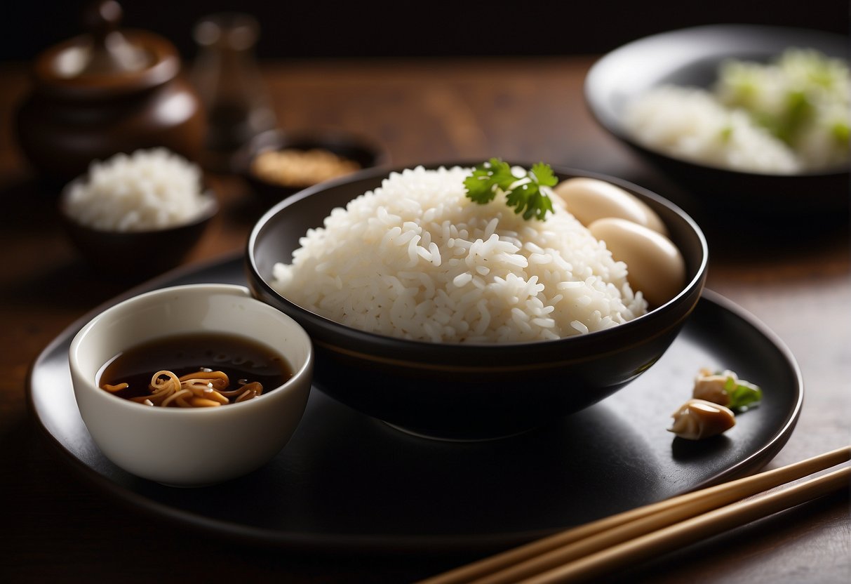 A table set with Chinese rabbit dish, surrounded by chopsticks, a bottle of soy sauce, and a bowl of steamed rice