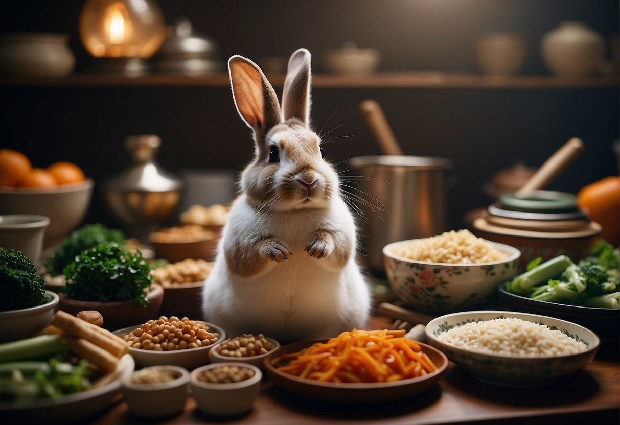 A rabbit surrounded by Chinese cooking ingredients and utensils