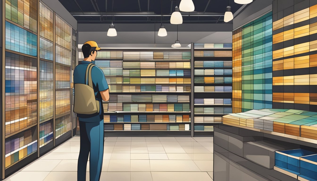 A person examines various tile samples in a Singapore tile shop. Shelves display a wide array of colors, patterns, and textures. Bright lighting highlights the glossy surfaces