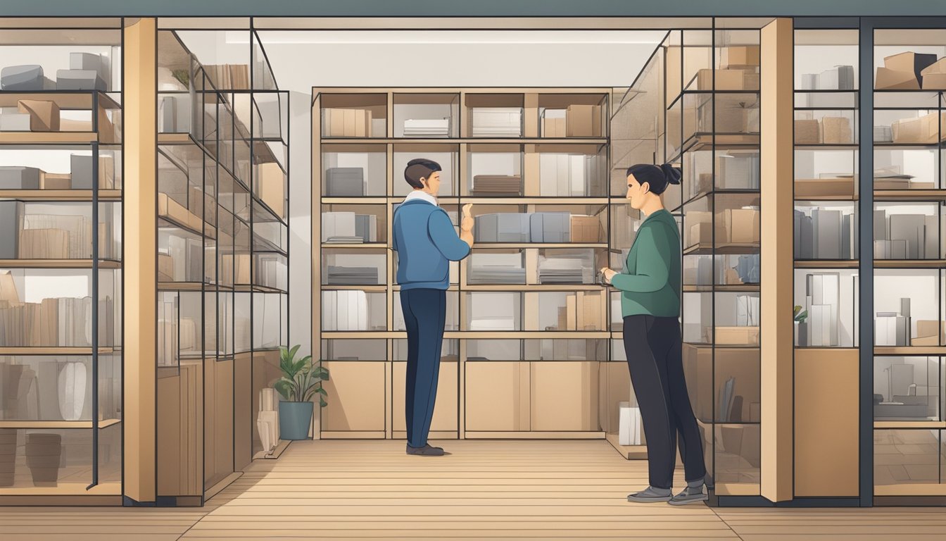 A customer carefully examines various room dividers in a spacious showroom, surrounded by shelves displaying different styles and materials