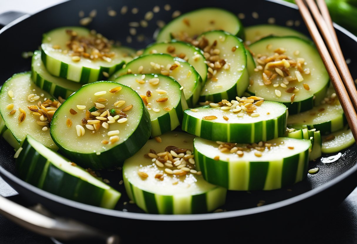 Sliced zucchini sizzling in a wok with garlic, ginger, and soy sauce. Green onions and sesame seeds sprinkled on top