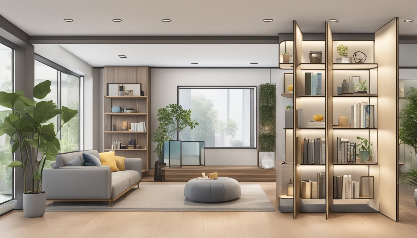 A room divider stands in a modern home, with shelves displaying various items. A sign reads "Frequently Asked Questions: where to buy room divider in Singapore."