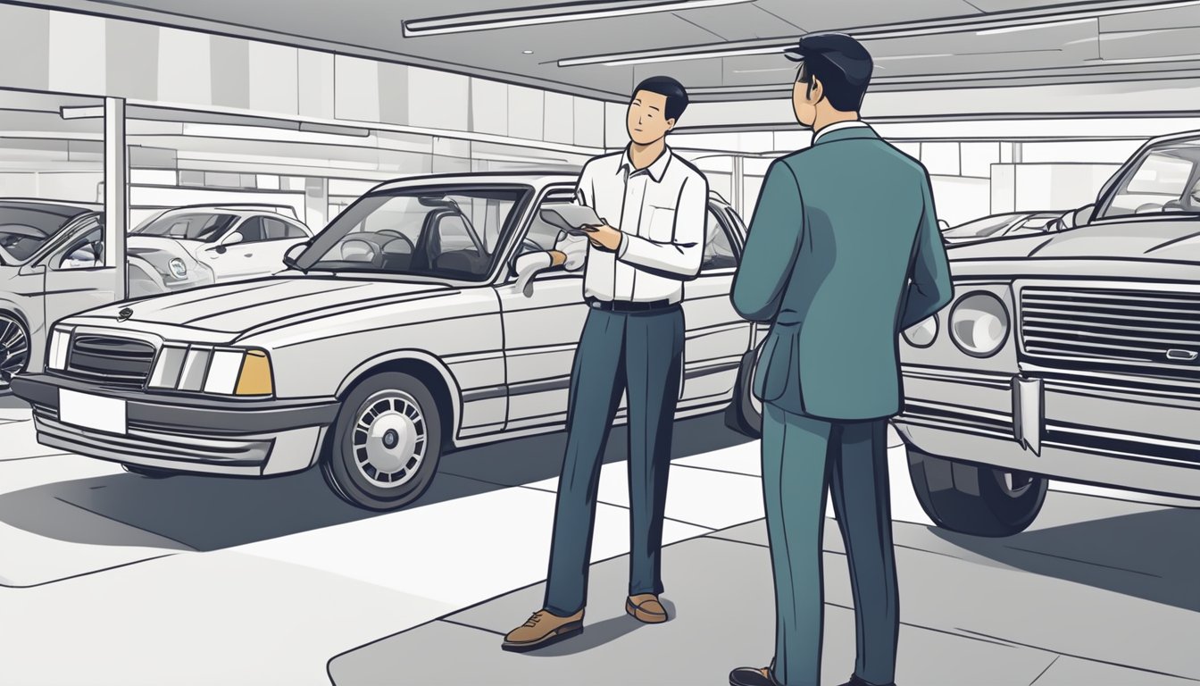 A customer inspects a used car at a dealership in Singapore. The salesman explains the car's features and negotiates the price