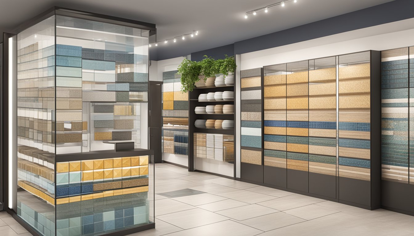 A display of various tiles in a showroom, with signage indicating "Where to Buy" and "How to Choose" in Singapore