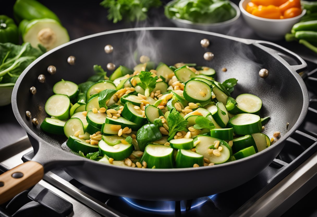 Fresh zucchini being stir-fried with garlic, ginger, and soy sauce in a sizzling wok, surrounded by vibrant green bok choy and colorful bell peppers