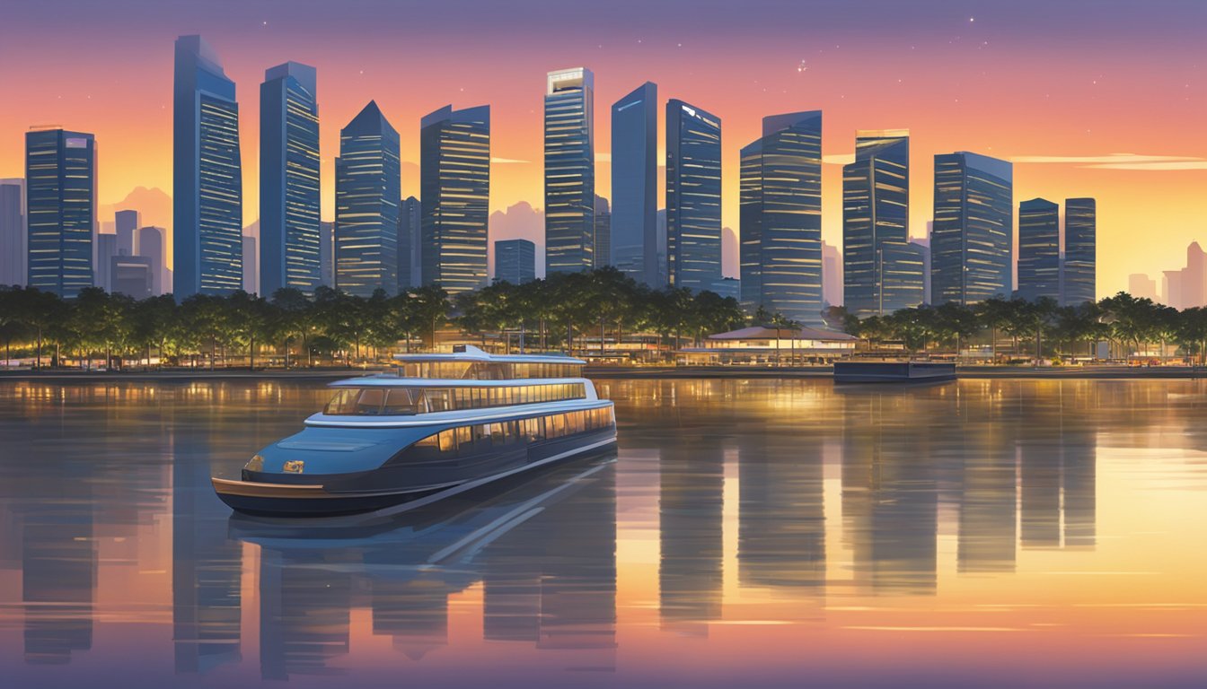The sun sets behind the iconic skyline of Singapore, casting a warm glow over the city. A "For Sale" sign stands in front of a modern, sleek building, signaling the perfect time to buy property in this bustling metropolis