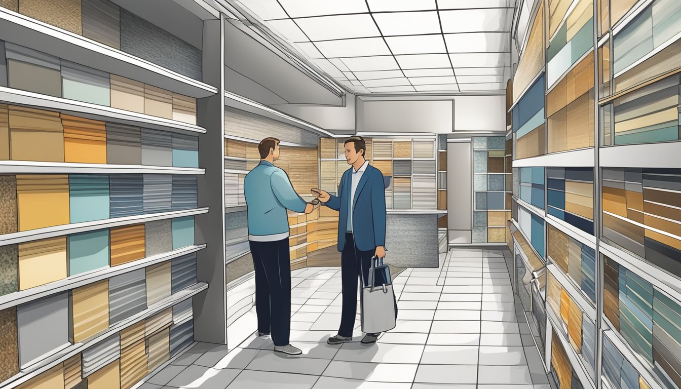 A customer browsing through a variety of tiles displayed in a showroom, with a salesperson ready to assist