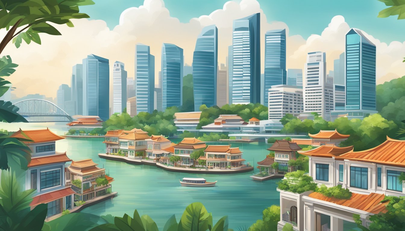 A bustling city skyline with a mix of modern high-rise buildings and traditional shophouses, surrounded by lush greenery and waterfront views, symbolizing the strategic considerations for property investment in Singapore