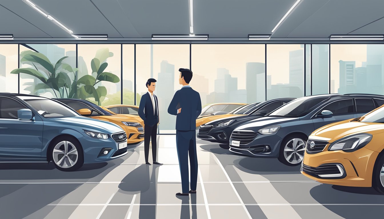 A customer browsing through a variety of pre-owned cars at a dealership in Singapore, inspecting the exterior and interior of each vehicle before making a decision