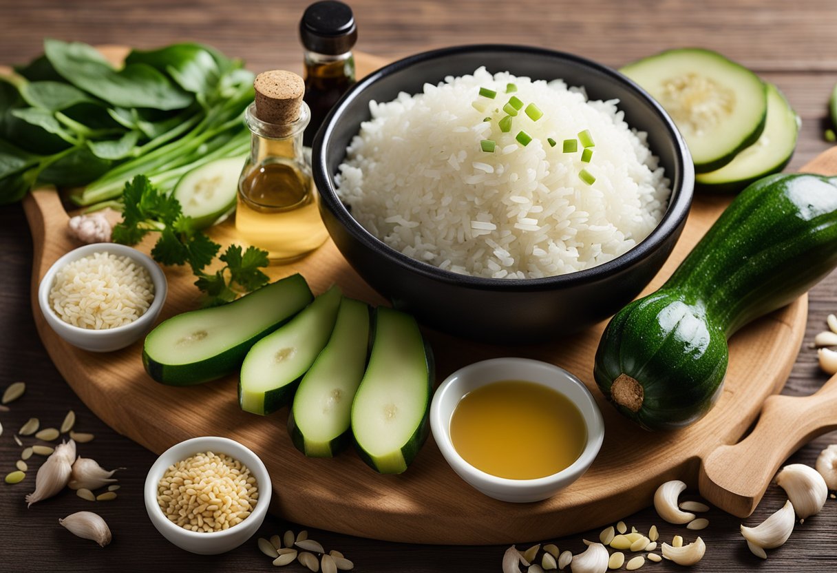 A pile of fresh zucchinis, ginger, garlic, soy sauce, and sesame oil on a wooden cutting board, with a bowl of chopped scallions and a bottle of rice vinegar nearby