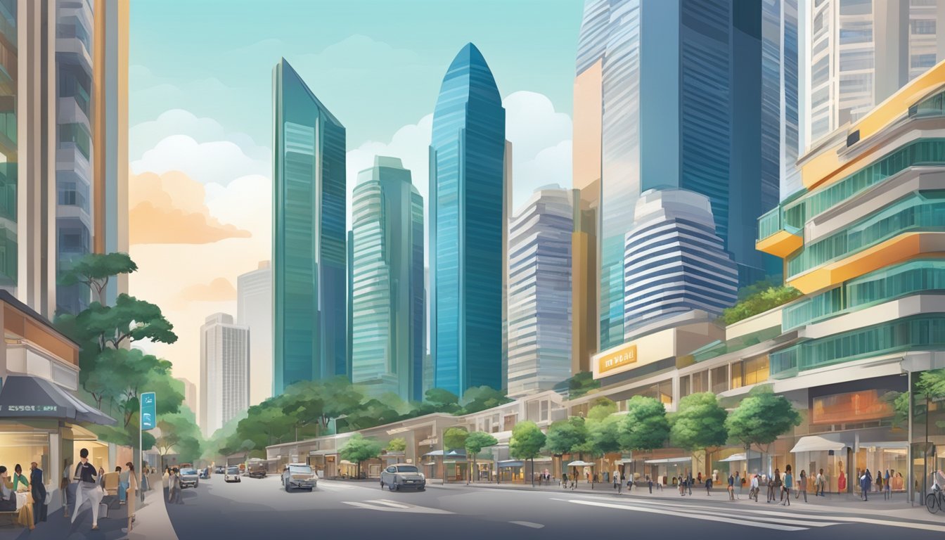 A bustling cityscape with a mix of modern skyscrapers and historic buildings, showcasing the vibrant real estate market in Singapore