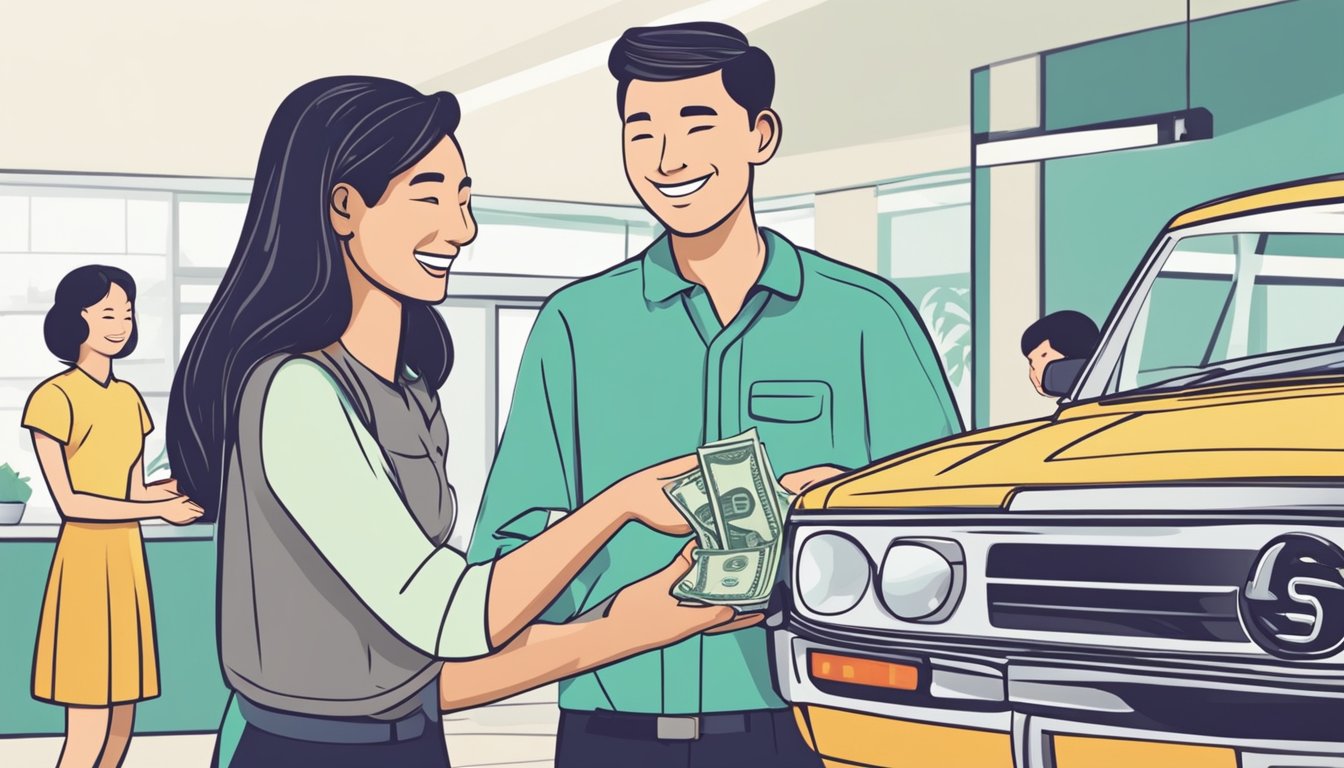 A customer confidently hands over cash for a second-hand car in Singapore, while the seller smiles and hands over the keys