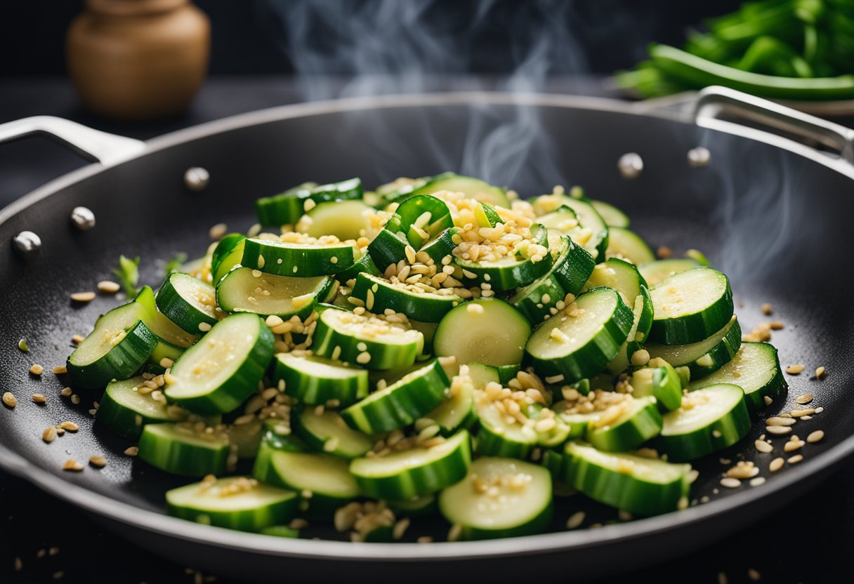 Zucchini being stir-fried in a wok with garlic, ginger, and soy sauce. Chopped scallions and sesame seeds sprinkled on top for garnish