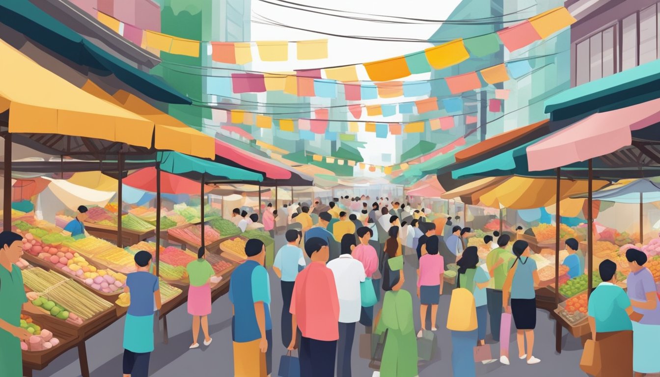 A bustling market with colorful stalls selling traditional dulang hantaran in Singapore