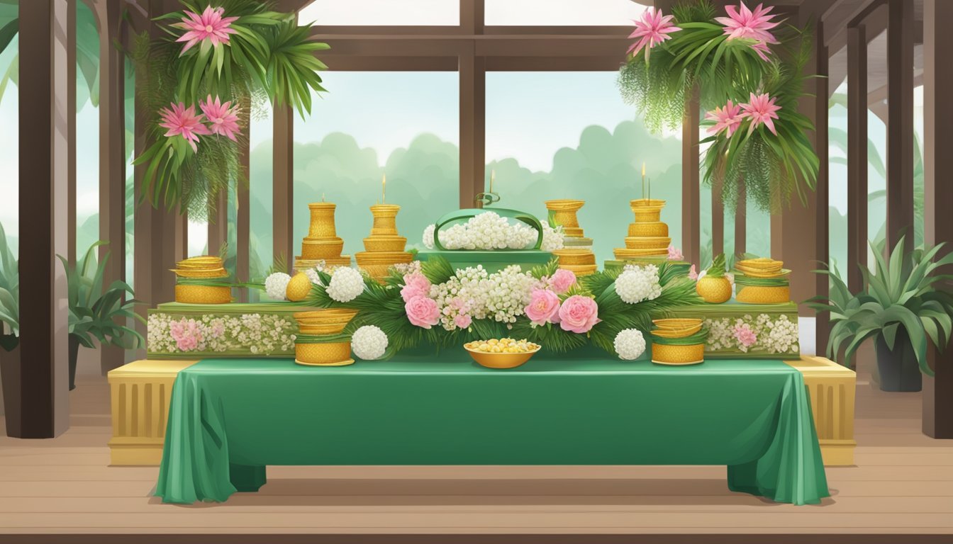 A traditional Malay wedding display, dulang hantaran, sits on a beautifully decorated table in a Singaporean shop