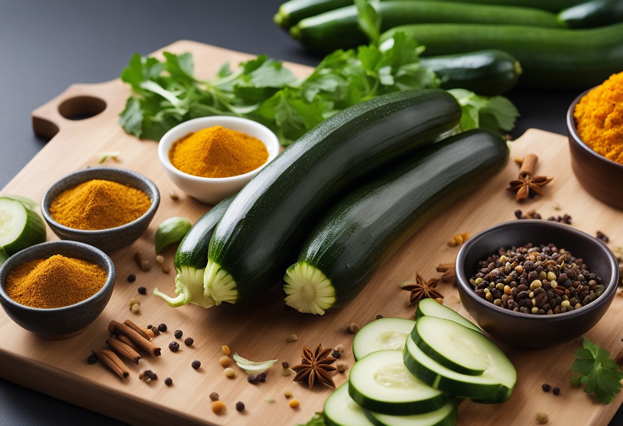 Zucchini and Chinese spices arranged on a cutting board, with various alternative ingredients and dietary options displayed nearby