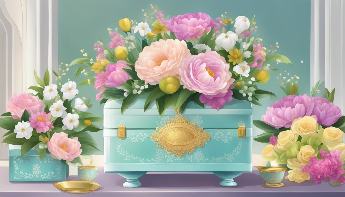 A colorful array of traditional Malay dulang hantaran, carefully arranged with fresh flowers and delicate ornaments, displayed in a serene and elegant setting