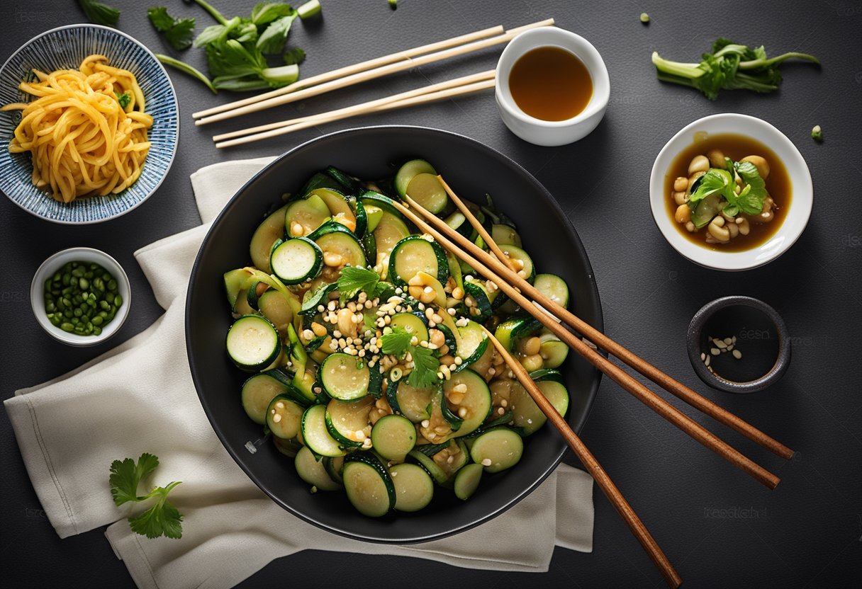 Zucchini stir-fry sizzling in a wok, garnished with sesame seeds and green onions, served on a white porcelain plate with chopsticks on the side